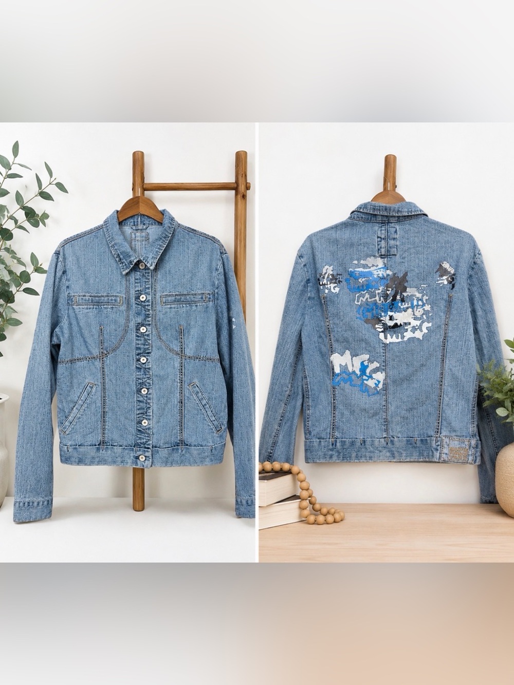 Marithe Francois girbaud Light Blue Denim Jacket with Back Motif  Y2K vintage M